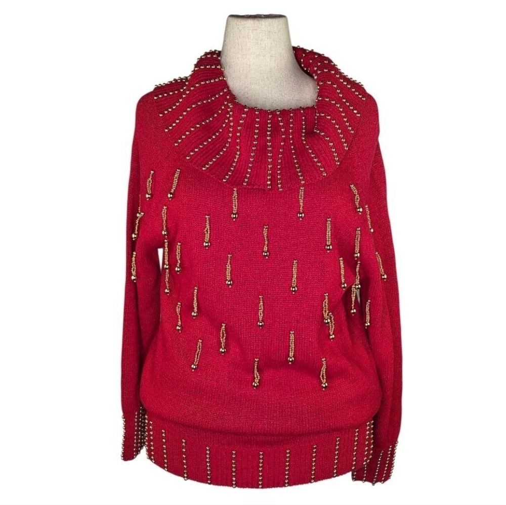 Victoria Harbour Vintage Red Beaded Embellished Cowl Neck Tunic Sweater Dress L